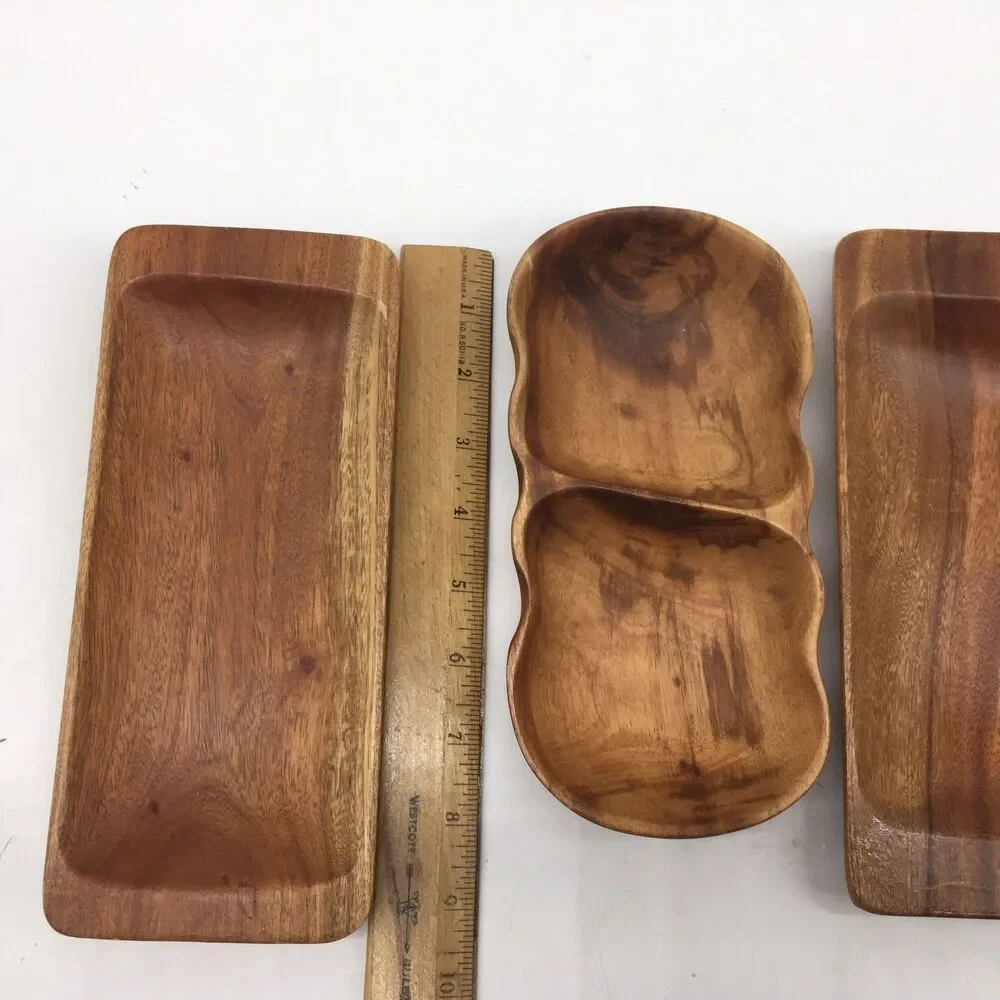 Vtg MCM 3 Hawaiian Kamani Carved Exotic Oblong Wood Bowls Scalloped 9” Divided